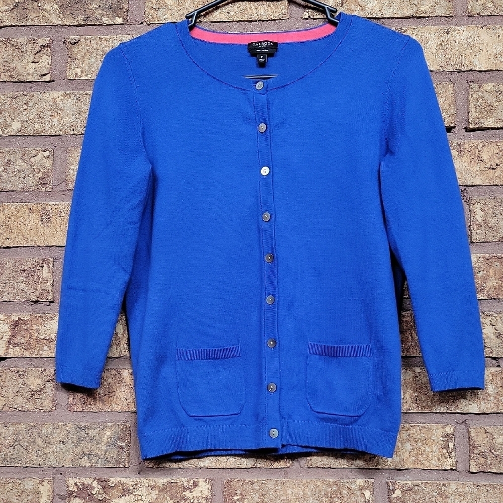 Talbots Pima Cotton Button Cardigan Royal Blue Size P or XS Petite